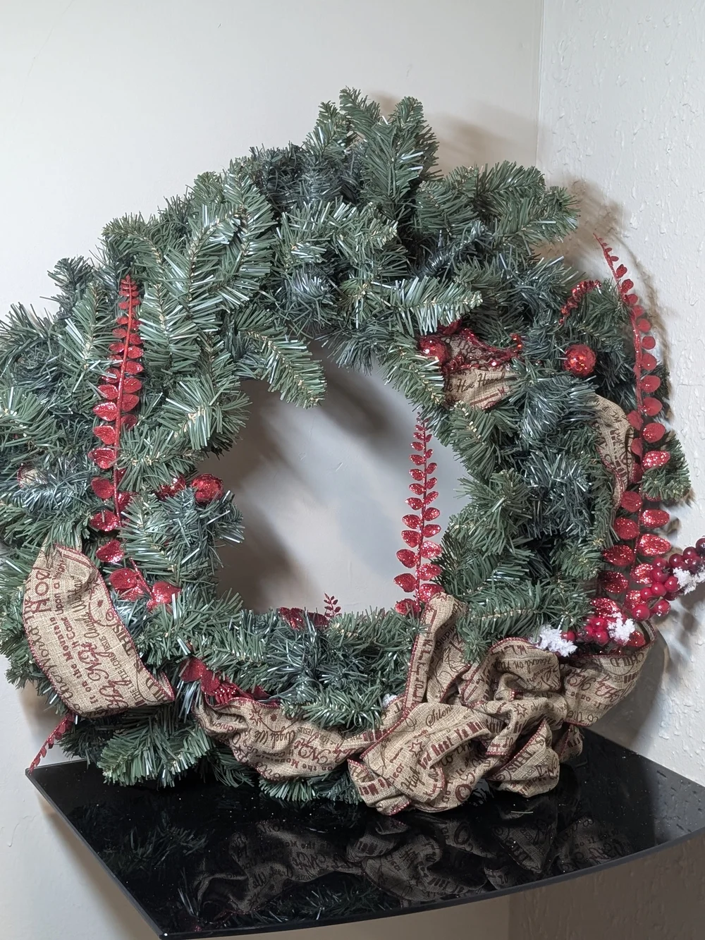 Festive Green and Red Holiday Wreath with Burlap Ribbon